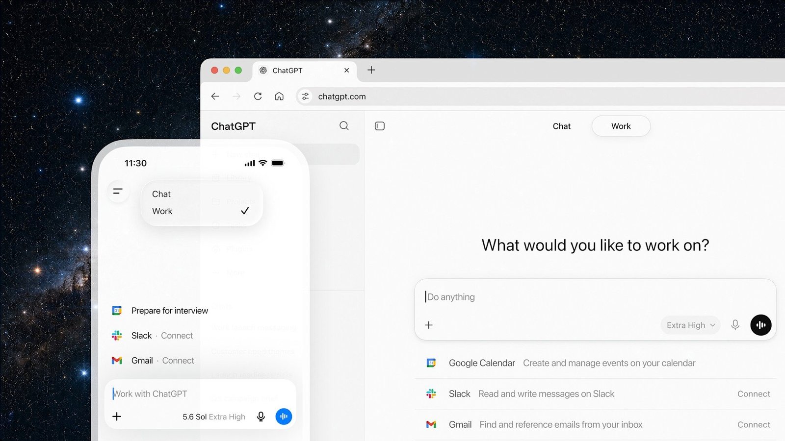ChatGPT Work UI — 웹·모바일에서 Work 모드와 직장 앱 연결 선택 화면
