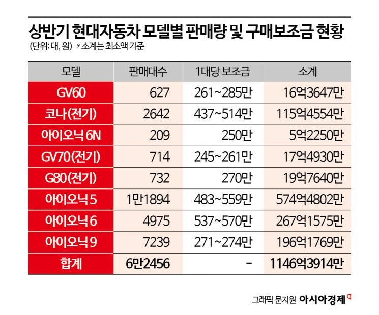 상반기 현대차 모델별 판매·구매보조금 현황 표(아시아경제)