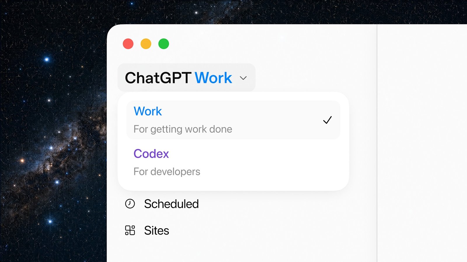 ChatGPT 데스크톱 앱 Work 모드 피커