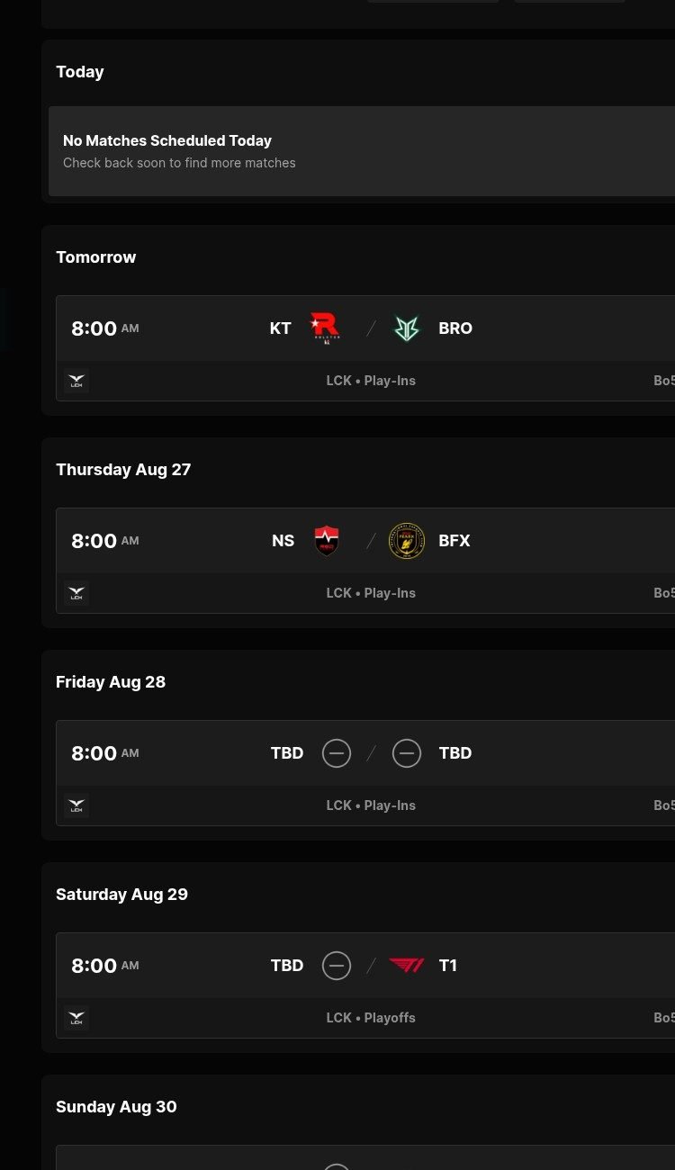 LoL Esports LCK 공식 일정 화면