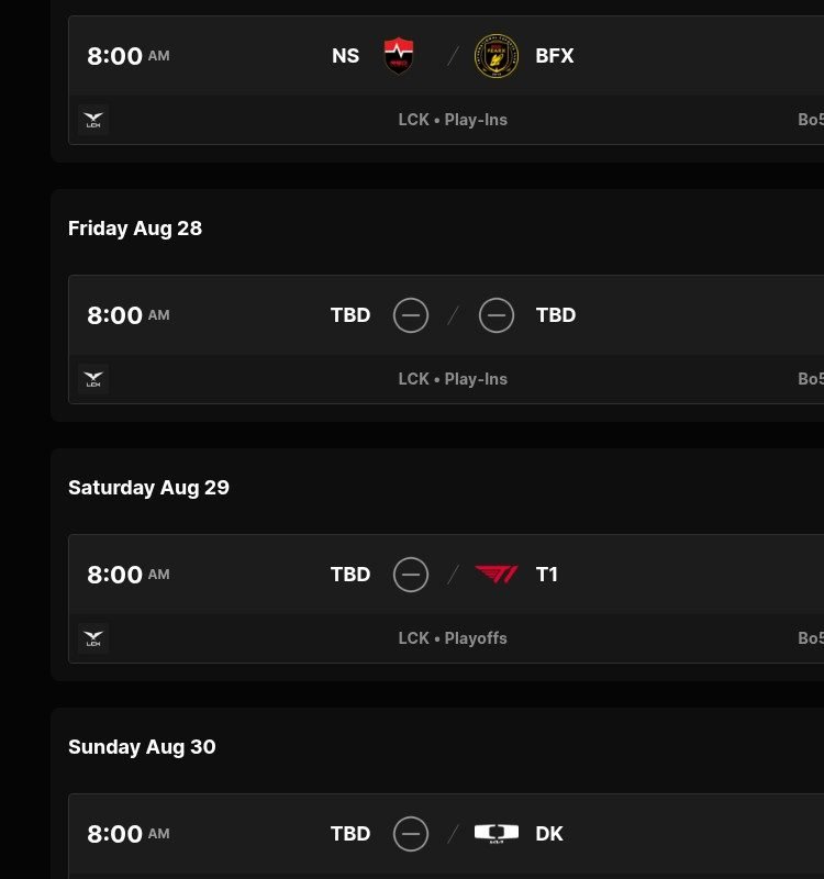 LoL Esports 일정 — 8/28 TBD와 PO 슬롯