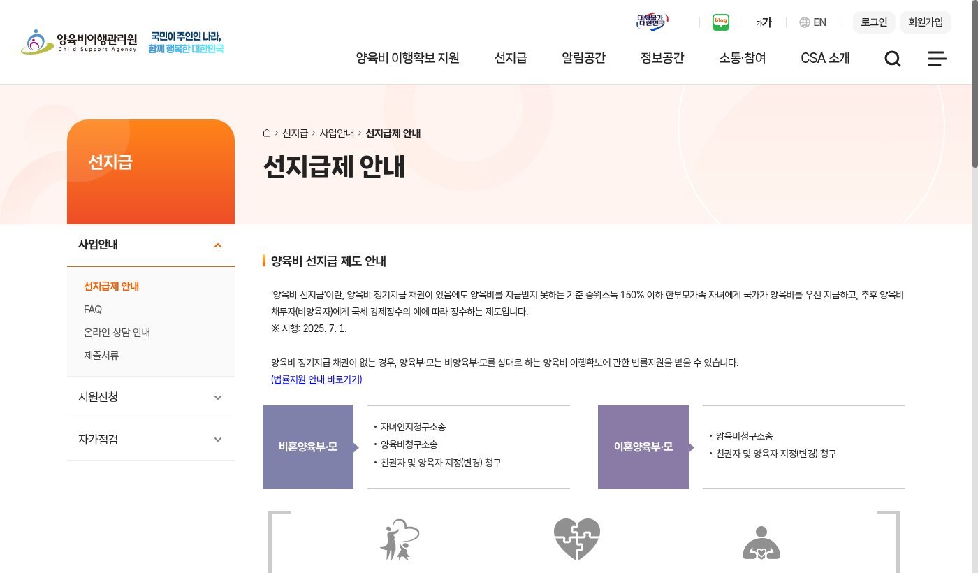 양육비이행관리원 선지급제 안내 화면 — 중위 150%·2025.7.1. 표기