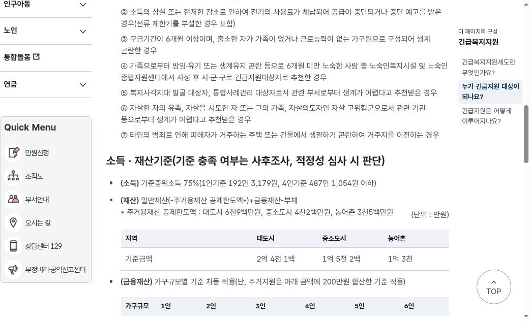 보건복지부 긴급복지지원 — 중위소득 75%·지역별 재산 기준