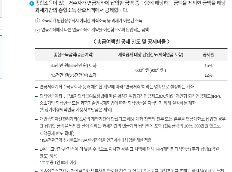 국세청 연금계좌 세액공제 한도·15%·12% 표
