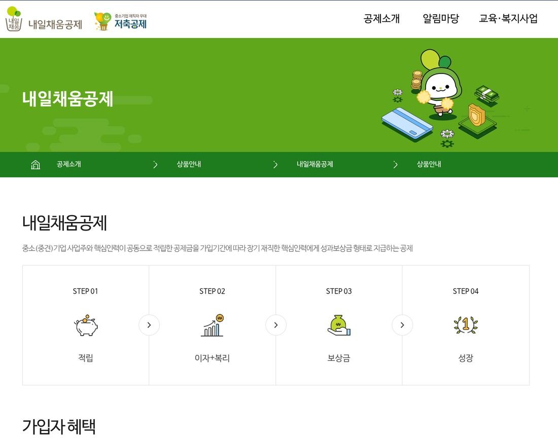 내일채움공제 누리집 상품안내 — 적립·이자복리·보상금·성장 4단계