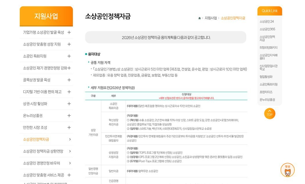 소진공 SEMAS 세부 지원요건 표 화면