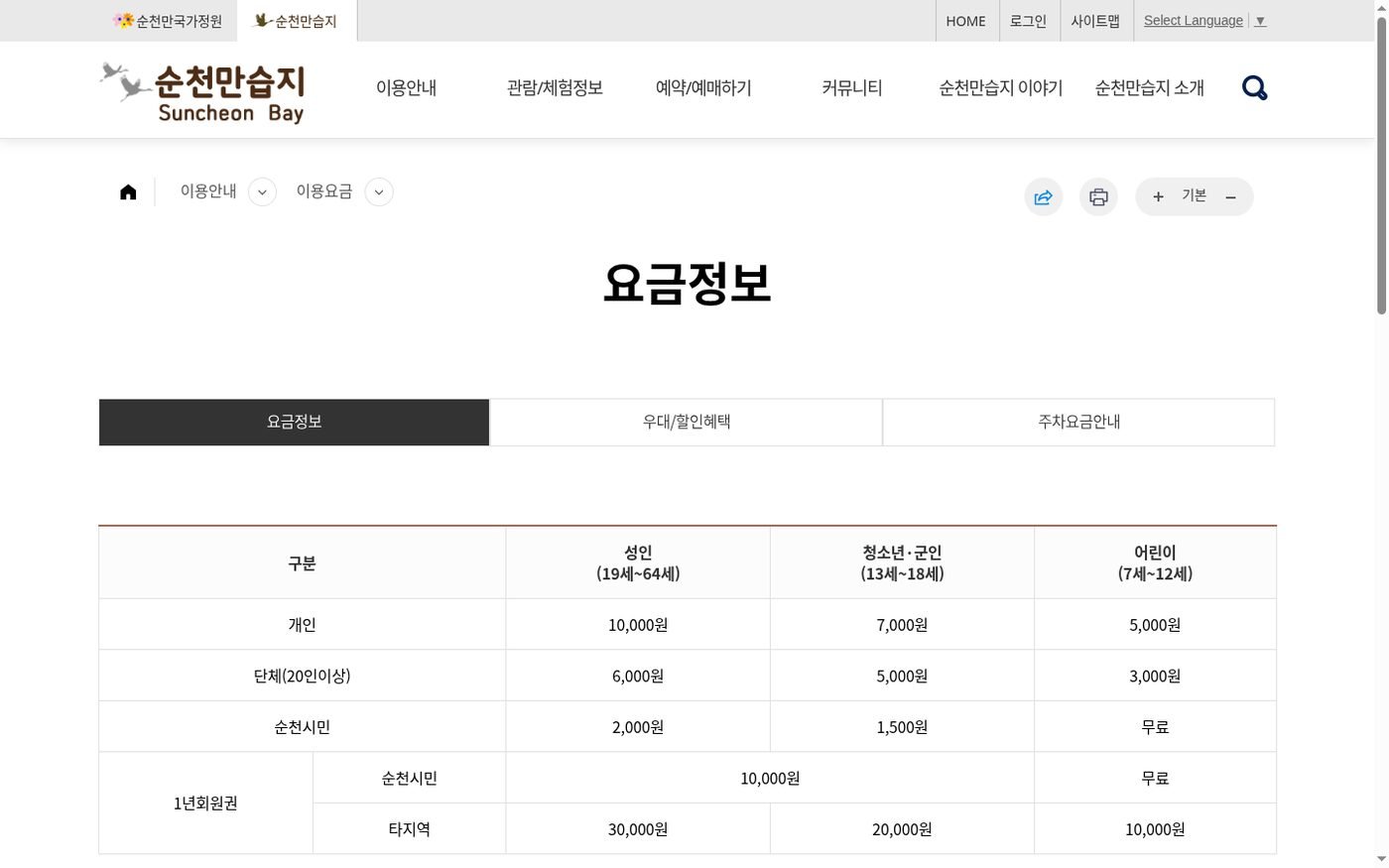 순천시 공식 사이트 습지 개인·단체 입장료 표 캡처