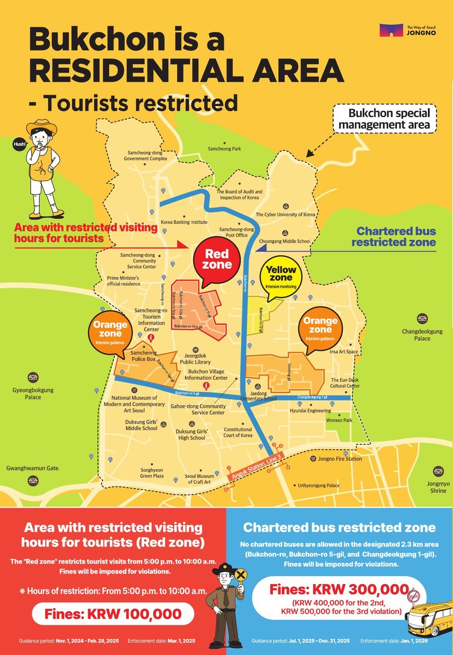 Jongno-gu English map of the Bukchon special management area showing the pink red zone, a yellow zone, two orange zones and blue lines for roads closed to chartered buses
