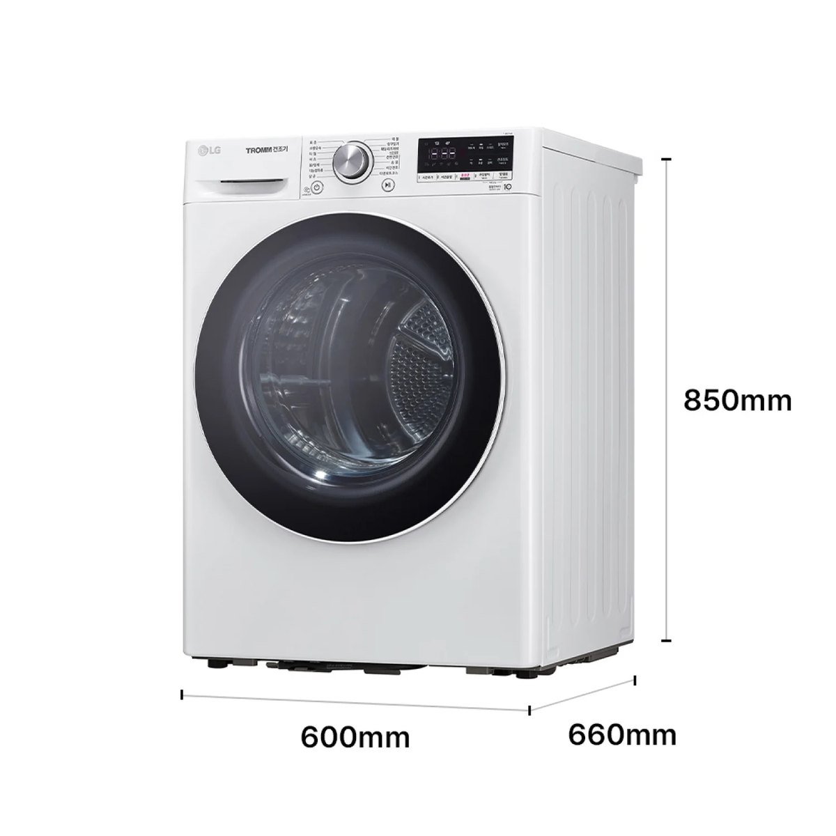 폭 600mm, 높이 850mm, 깊이 660mm 치수가 표시된 LG 트롬 건조기 RH10WTW