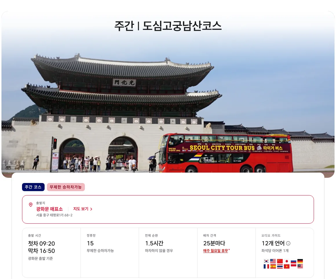 광화문 앞 붉은 2층 타이거버스 사진 아래 출발지 광화문 매표소, 첫차 09:20 막차 16:50, 정류장 15, 전체 순환 1.5시간, 배차 간격 25분마다가 적힌 공식 홈페이지 화면